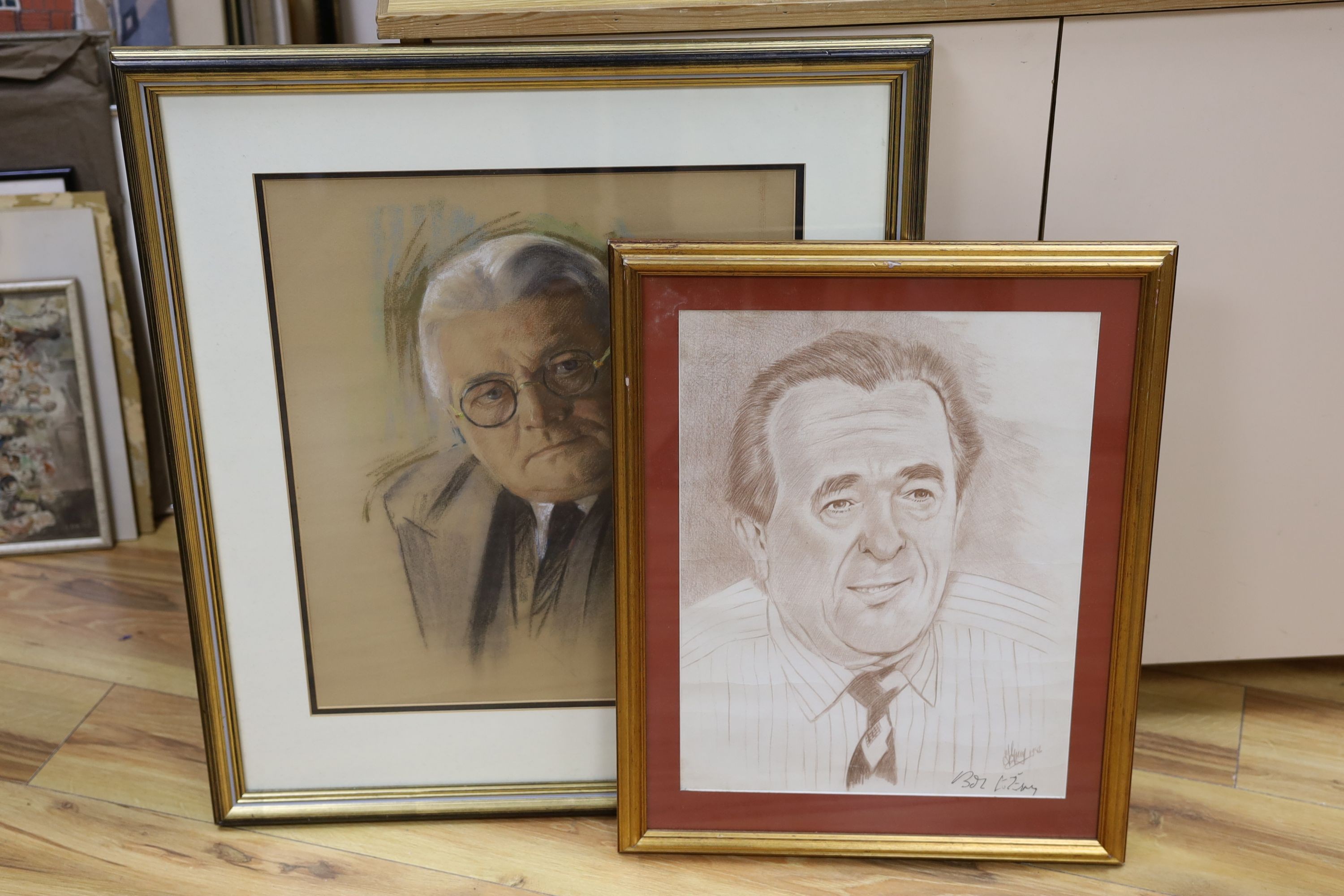 M. Guy, brown conte drawing, Portrait of Robert Maxwell, signed by the sitter, 45 x 34cm, together with a pastel portrait, signed Iacurto, and a colour print